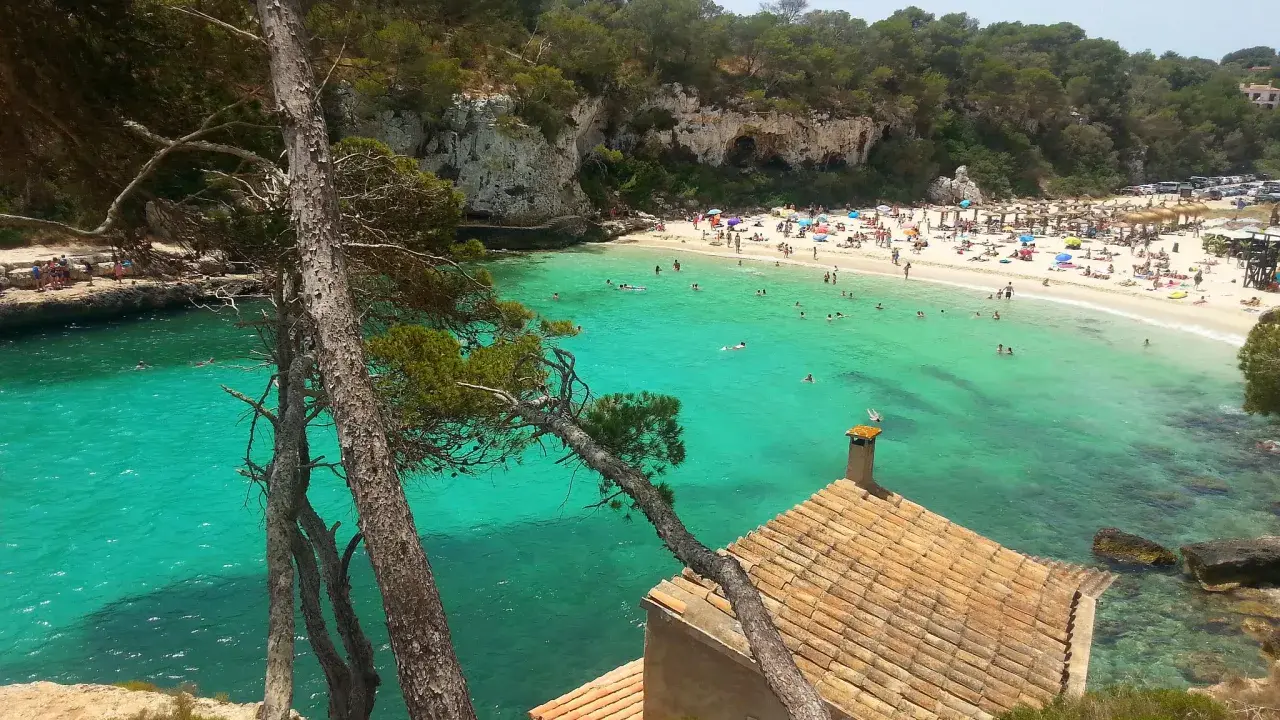 Majorka: turkusowa woda, piaszczysta plaża pełna ludzi i parasoli, skaliste klify, sosny i mały domek z czerwoną dachówką.