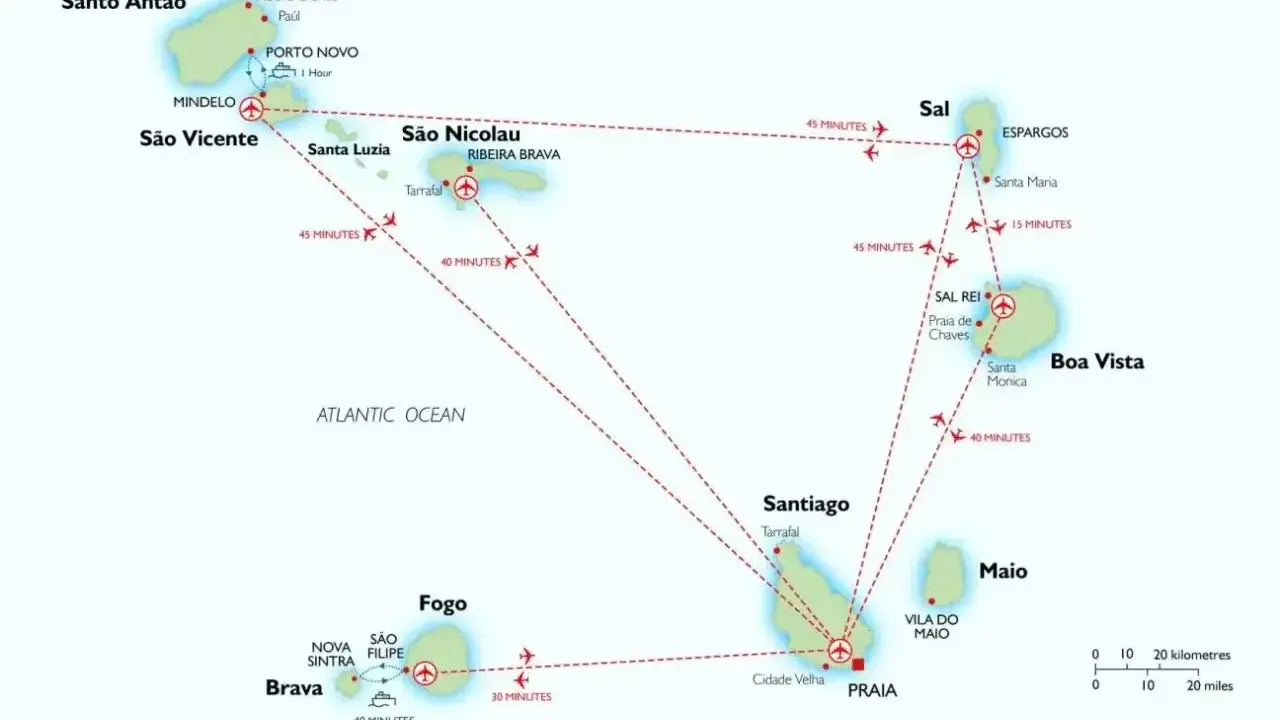 Mapa wysp Zielonego Przylądka z zaznaczonymi połączeniami lotniczymi. Zobacz, co warto zobaczyć na Sal, Boa Vista, Santiago, Fogo, Santo Antão i São Vicente.