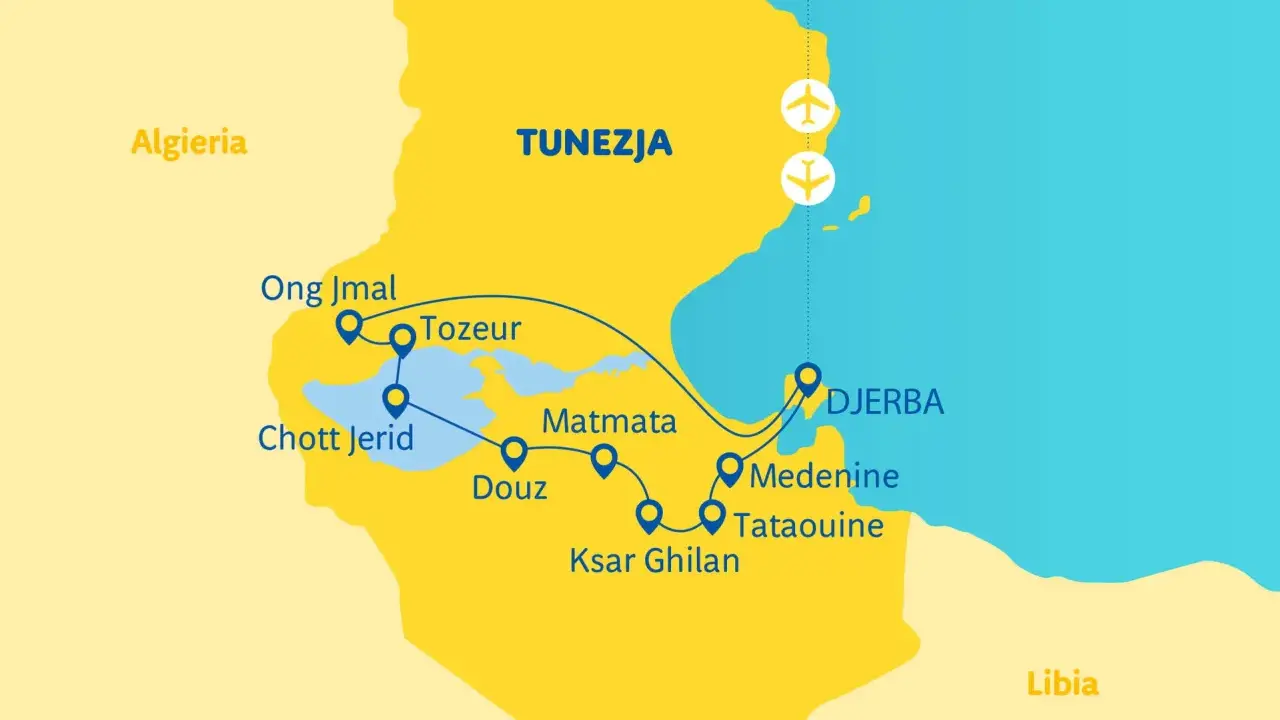 Mapa Tunezji z zaznaczonymi atrakcjami: Tozeur, Douz, Matmata, Ksar Ghilan, Medenine, Tataouine i wyspą Djerba. Gdzie jest Djerba? Na wschodnim wybrzeżu Tunezji.