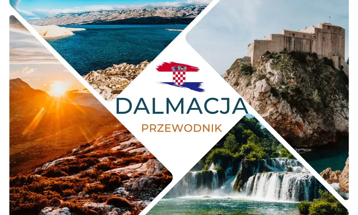 Gdzie jest Dalmacja? Na zdjęciu widać chorwacką flagę, wodospady Krka, góry i morze.