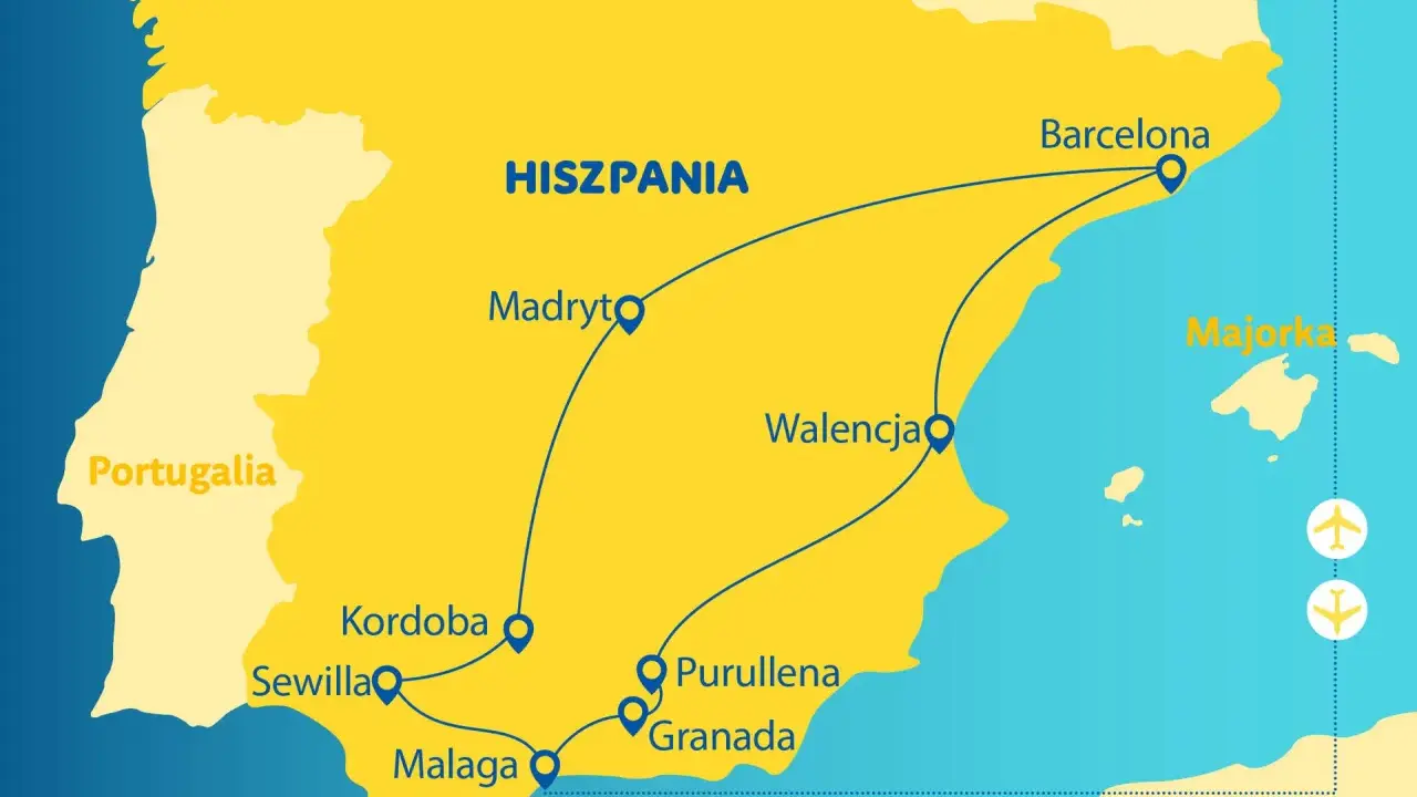 Mapa turystyczna Hiszpanii z zaznaczonymi miastami: Madryt, Barcelona, Walencja, Majorka, Sewilla, Kordoba, Malaga, Grenada.