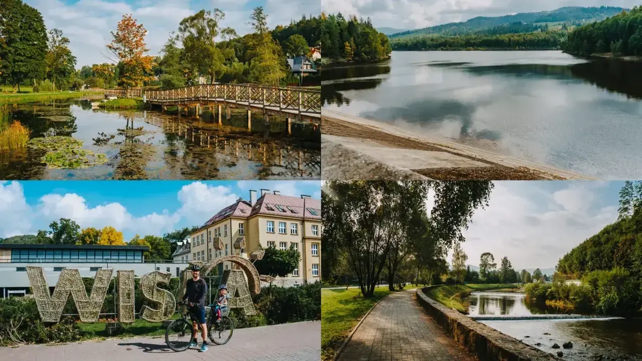 Malownicze krajobrazy Wisły i okolic: mostek nad stawem, jezioro, napis WISŁA z rowerzystami, ścieżka nad rzeką.