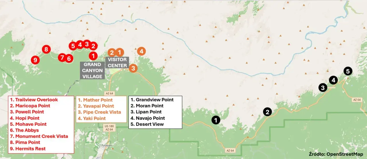 Mapa punktów widokowych w Wielkim Kanionie, z zaznaczonymi miejscami jak Grand Canyon Village i Visitor Center.
