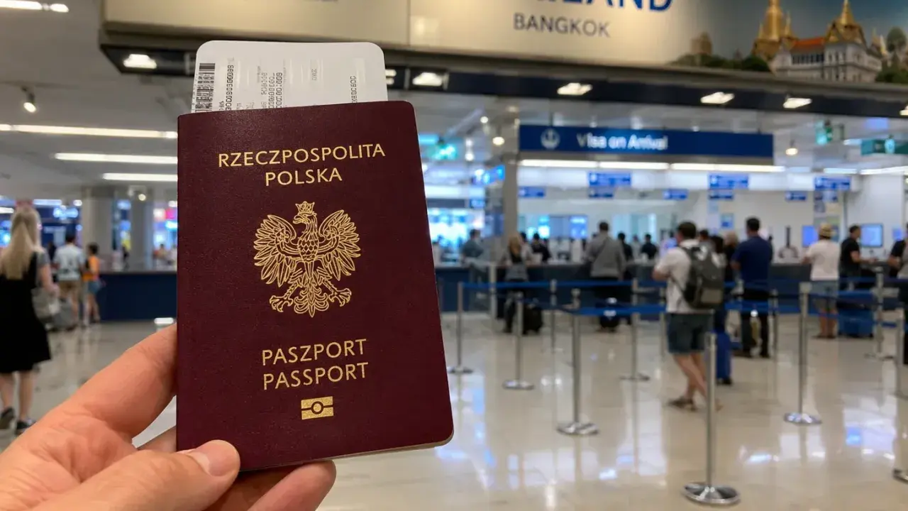 Polski paszport i bilet lotniczy w ręku, w tle tablica "THAILAND BANGKOK" i stanowiska "Visa on Arrival". Sprawdzanie tajlandia warunki wjazdu.