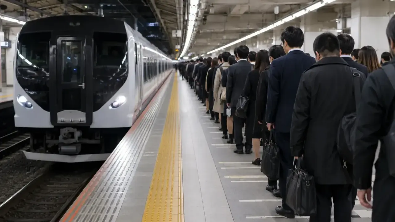 Kolejka ludzi na peronie w Japonii, oczekujących na pociąg. To jeden z wielu fascynujących faktów i ciekawostki o Japonii, gdzie punktualność i porządek są na pierwszym miejscu.