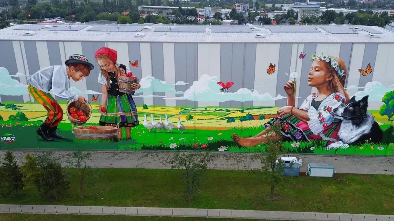 Kolorowe murale w Polsce: dzieci w strojach ludowych zbierają jabłka na tle sielskiego krajobrazu, dziewczynka z psem dmucha dmuchawiec.