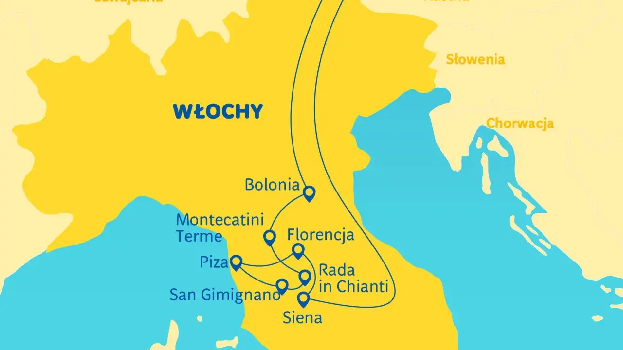 Mapa Włoch z zaznaczoną trasą przez Toskanię: Bolonia, Florencja, Siena, San Gimignano, Piza, Montecatini Terme.