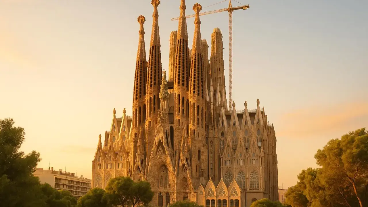 Sagrada Familia w Barcelonie, wciąż w budowie, góruje nad drzewami w złotym świetle zachodzącego słońca. Dźwig budowlany przypomina o trwającym dziele.