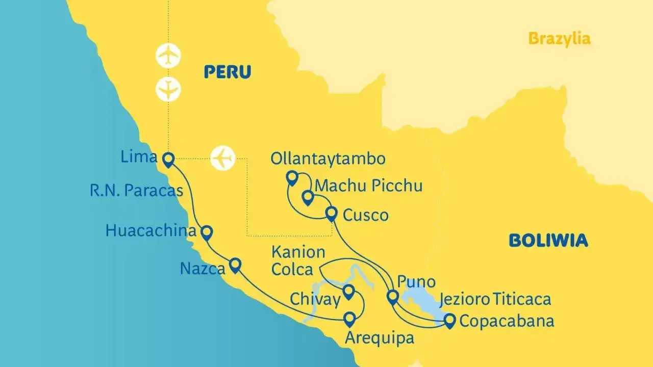 Mapa Peru z zaznaczonymi trasami turystycznymi. Machu Picchu znajduje się w pobliżu Cusco i Ollantaytambo.
