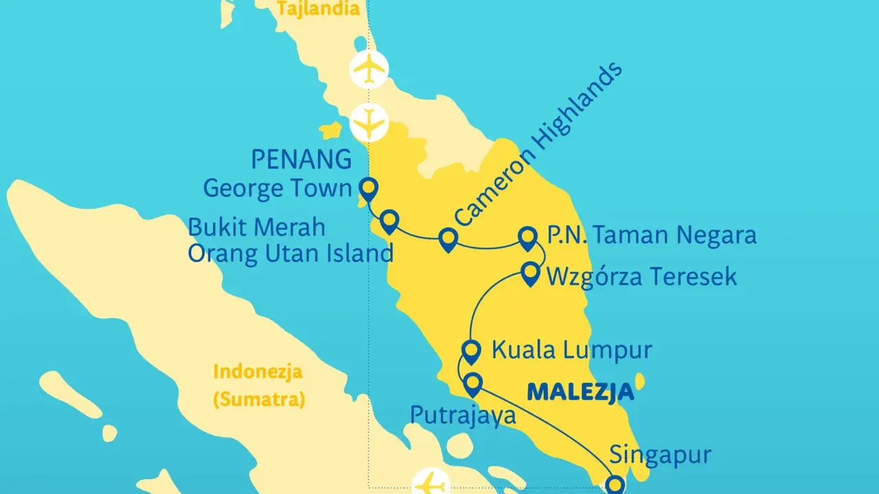 Mapa pokazuje, gdzie leży Malezja, z zaznaczonymi miastami jak Kuala Lumpur, Penang, oraz sąsiednimi Tajlandią i Indonezją.