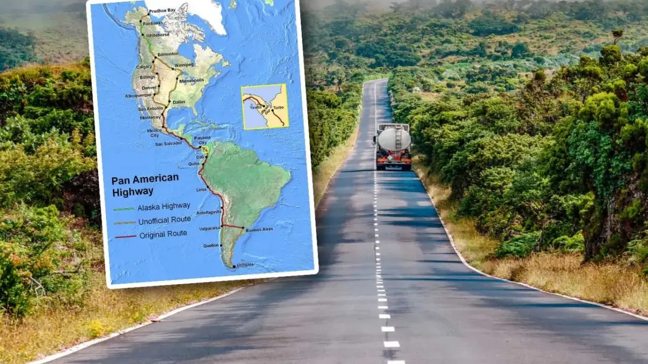 Mapa Pan American Highway z trasą od Alaski do Argentyny, obok droga przez zielone wzgórza z ciężarówką.