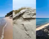 Trzy ujęcia dzikich plaż nad Bałtykiem: piaszczyste wydmy, spokojne morze i lasy porastające klify.