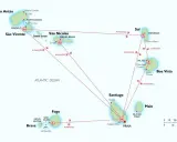 Mapa wysp Zielonego Przylądka z zaznaczonymi połączeniami lotniczymi. Zobacz, co warto zobaczyć na Sal, Boa Vista, Santiago, Fogo, Santo Antão i São Vicente.