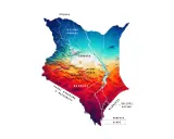 Mapa Kenii z zaznaczonymi jeziorami, górami i miastami. Pokazuje, gdzie leży Kenia, od Jeziora Turkana na północy po wybrzeże z Mombasą na południu.