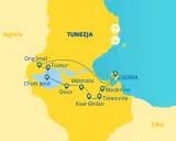 Mapa Tunezji z zaznaczonymi atrakcjami: Tozeur, Douz, Matmata, Ksar Ghilan, Medenine, Tataouine i wyspą Djerba. Gdzie jest Djerba? Na wschodnim wybrzeżu Tunezji.