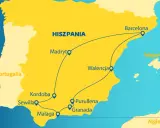 Mapa turystyczna Hiszpanii z zaznaczonymi miastami: Madryt, Barcelona, Walencja, Majorka, Sewilla, Kordoba, Malaga, Grenada.