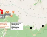Mapa punktów widokowych w Wielkim Kanionie, z zaznaczonymi miejscami jak Grand Canyon Village i Visitor Center.