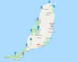 Mapa Fuerteventury z zaznaczonymi punktami: Corralejo, El Cotillo, Ajuy, Betancuria, Cofete, Morro Jable. Zobacz, co warto zobaczyć na wyspie!