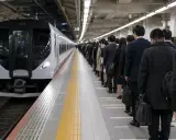 Kolejka ludzi na peronie w Japonii, oczekujących na pociąg. To jeden z wielu fascynujących faktów i ciekawostki o Japonii, gdzie punktualność i porządek są na pierwszym miejscu.