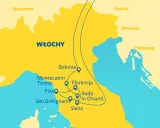 Mapa Włoch z zaznaczoną trasą przez Toskanię: Bolonia, Florencja, Siena, San Gimignano, Piza, Montecatini Terme.
