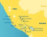 Mapa Peru z zaznaczonymi trasami turystycznymi. Machu Picchu znajduje się w pobliżu Cusco i Ollantaytambo.