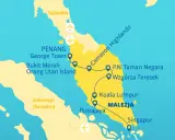 Mapa pokazuje, gdzie leży Malezja, z zaznaczonymi miastami jak Kuala Lumpur, Penang, oraz sąsiednimi Tajlandią i Indonezją.