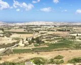 Malta, krajobraz jak z "Gry o tron", z polami uprawnymi, gajami oliwnymi i miastem w oddali.