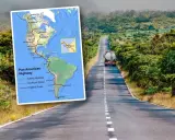 Mapa Pan American Highway z trasą od Alaski do Argentyny, obok droga przez zielone wzgórza z ciężarówką.