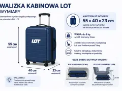Walizka kabinowa LOT: wymiary 55x40x23 cm, waga do 8 kg. Idealna na bagaż podręczny.