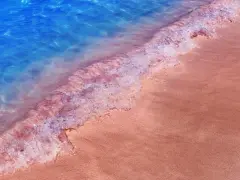 Błękitna woda obmywa różową plażę na Sardynii. Delikatne fale tworzą pianę na piasku.