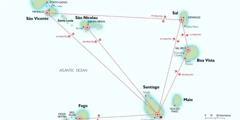 Mapa wysp Zielonego Przylądka z zaznaczonymi połączeniami lotniczymi. Zobacz, co warto zobaczyć na Sal, Boa Vista, Santiago, Fogo, Santo Antão i São Vicente.