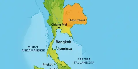 Mapa pokazuje, gdzie leży Tajlandia, z zaznaczonymi miastami jak Bangkok, Chiang Mai i wyspami Phuket i Koh Samui, otoczona Morzem Andamańskim i Zatoką Tajlandzką.