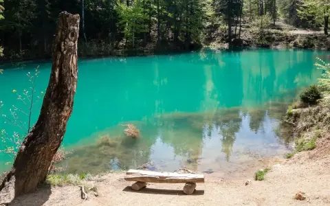 Idealne miejsce na weekend: turkusowa woda jeziora otoczona lasem, z drewnianą ławką czekającą na odpoczynek.