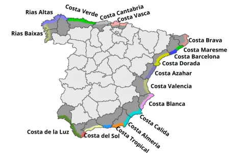 Mapa Hiszpanii z zaznaczonymi wybrzeżami. Gdzie na wakacje? Od Rias Baixas po Costa Brava, każdy znajdzie coś dla siebie.