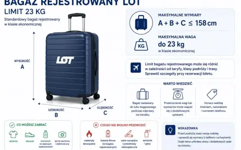 Bagaż rejestrowany LOT: wymiary A+B+C ≤ 158 cm, waga do 23 kg. Sprawdź wymiary walizki przed podróżą, by uniknąć opłat.