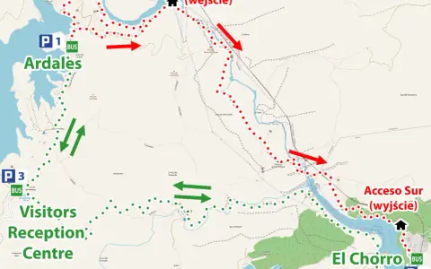 Mapa szlaku Caminito del Rey z zaznaczonymi parkingami, wejściami i drogą.