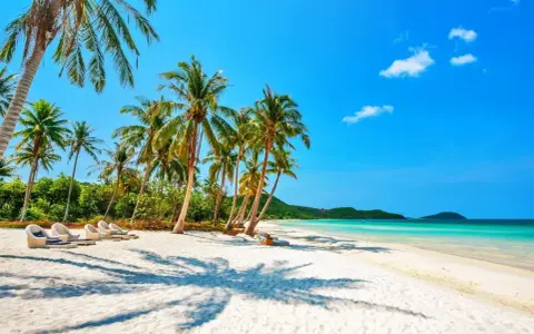 Rajska plaża z palmami i leżakami, idealne miejsce, gdzie na wakacje w październiku.