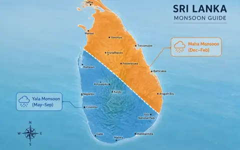 Mapa Sri Lanki z podziałem na Yala Monsoon (maj-wrzesień) i Maha Monsoon (grudzień-luty). Pogoda we wrześniu na Sri Lance jest deszczowa na południu i zachodzie.
