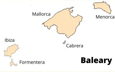 Mapa Balearów: Ibiza, Formentera, Mallorca, Menorca i Cabrera. Tutaj zobaczysz, gdzie leży Ibiza.