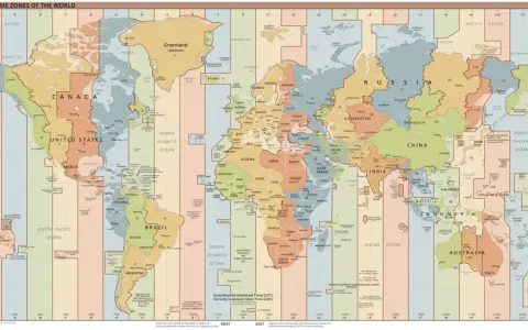 Mapa świata z zaznaczonymi strefami czasowymi, w tym madera.