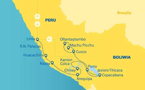 Mapa Peru z zaznaczonymi trasami turystycznymi. Machu Picchu znajduje się w pobliżu Cusco i Ollantaytambo.