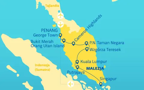 Mapa pokazuje, gdzie leży Malezja, z zaznaczonymi miastami jak Kuala Lumpur, Penang, oraz sąsiednimi Tajlandią i Indonezją.