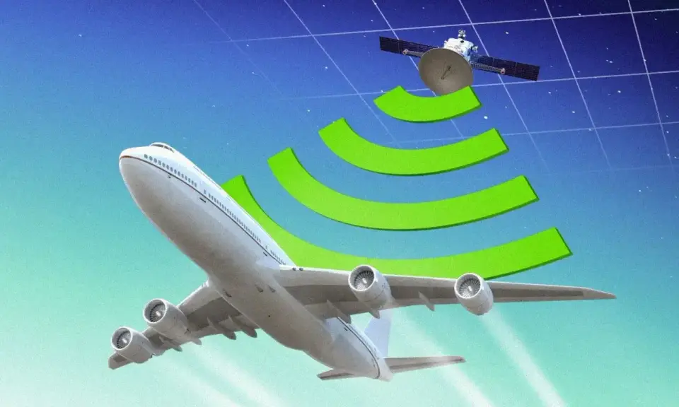 Samolot w przestworzach odbiera sygnał z satelity, co pokazuje, że w samolocie można używać internetu.