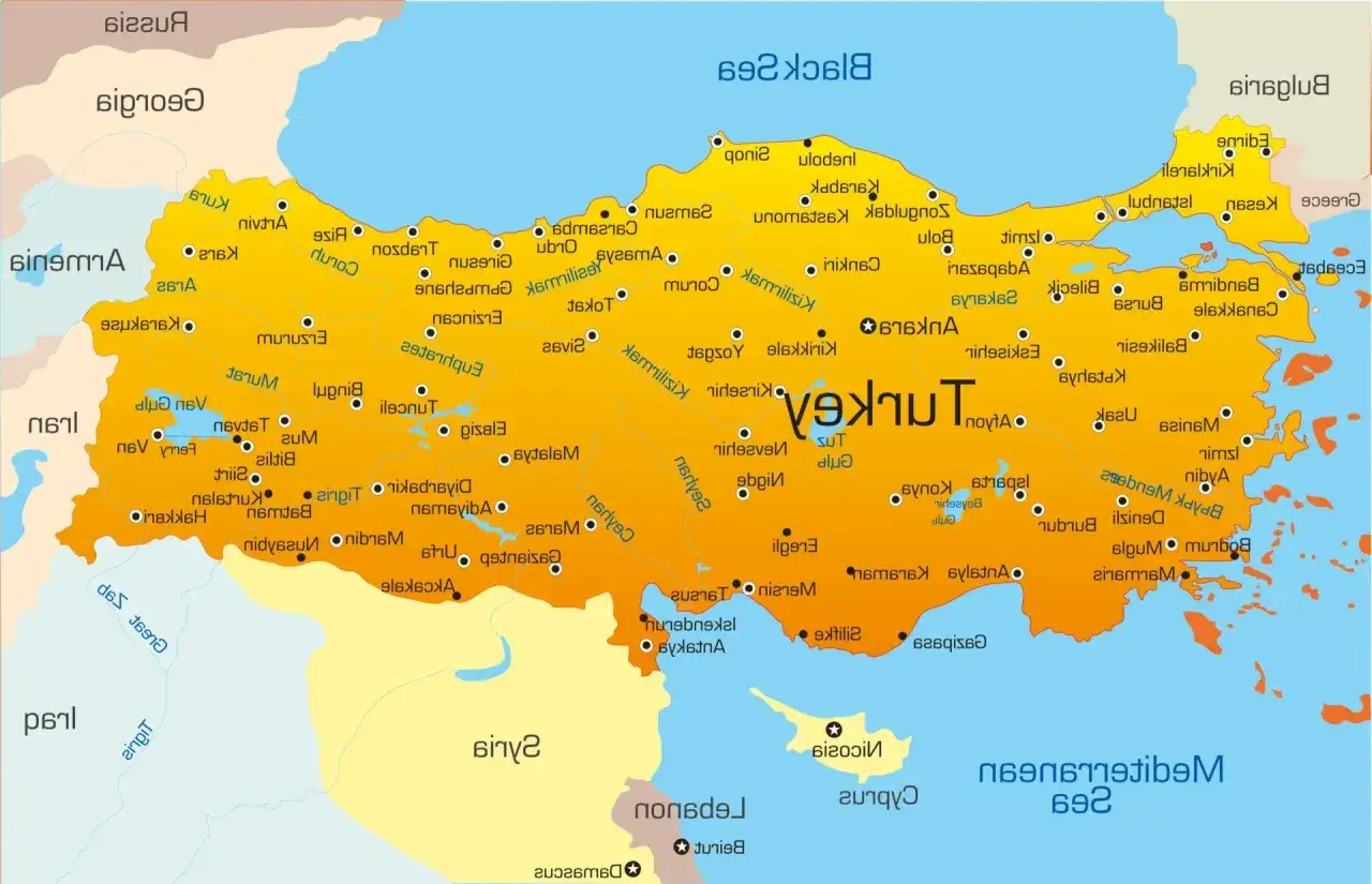 Mapa Turcji, idealna do planowania podróży: gdzie do Turcji? Zaznaczone miasta i granice.
