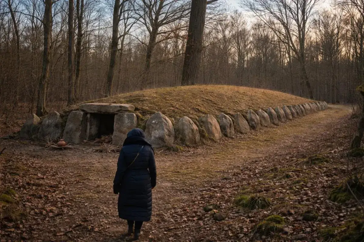 Kamienna konstrukcja, przypominająca pradawne piramidy w Polsce, otoczona lasem. Osoba w płaszczu zbliża się do wejścia.