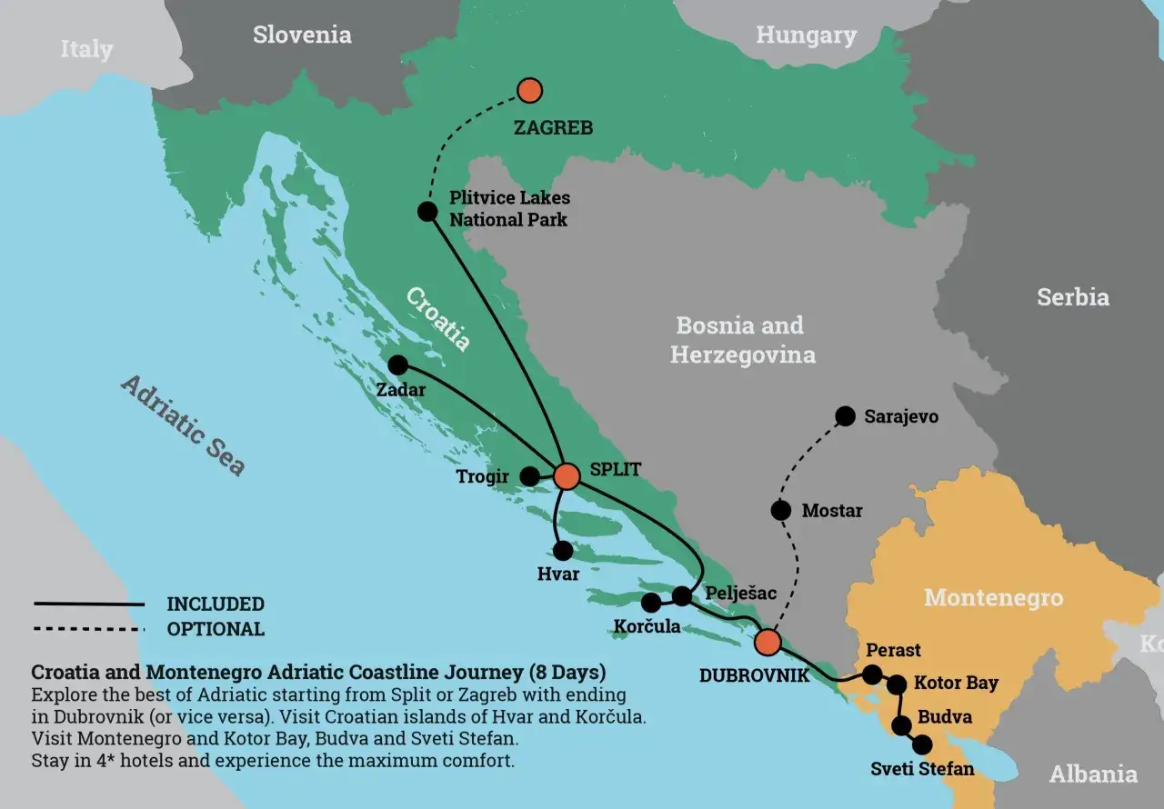 Mapa turystyczna Chorwacji i Czarnogóry. Chorwacja leży nad Morzem Adriatyckim, oferując podróż przez Split, Dubrownik i wyspy Hvar i Korčula.