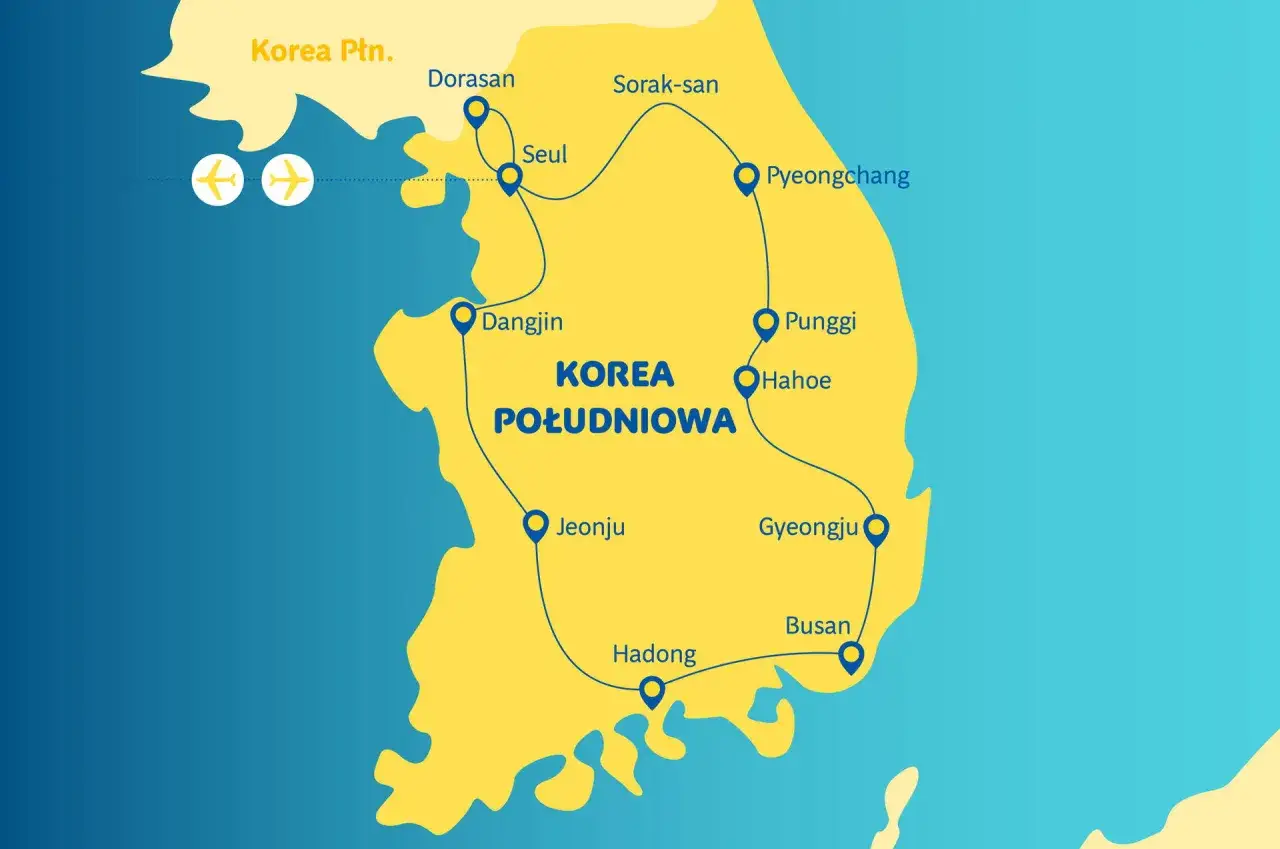 Mapa z trasą podróży do Korei Południowej: Seul, Pyeongchang, Busan i inne miasta.