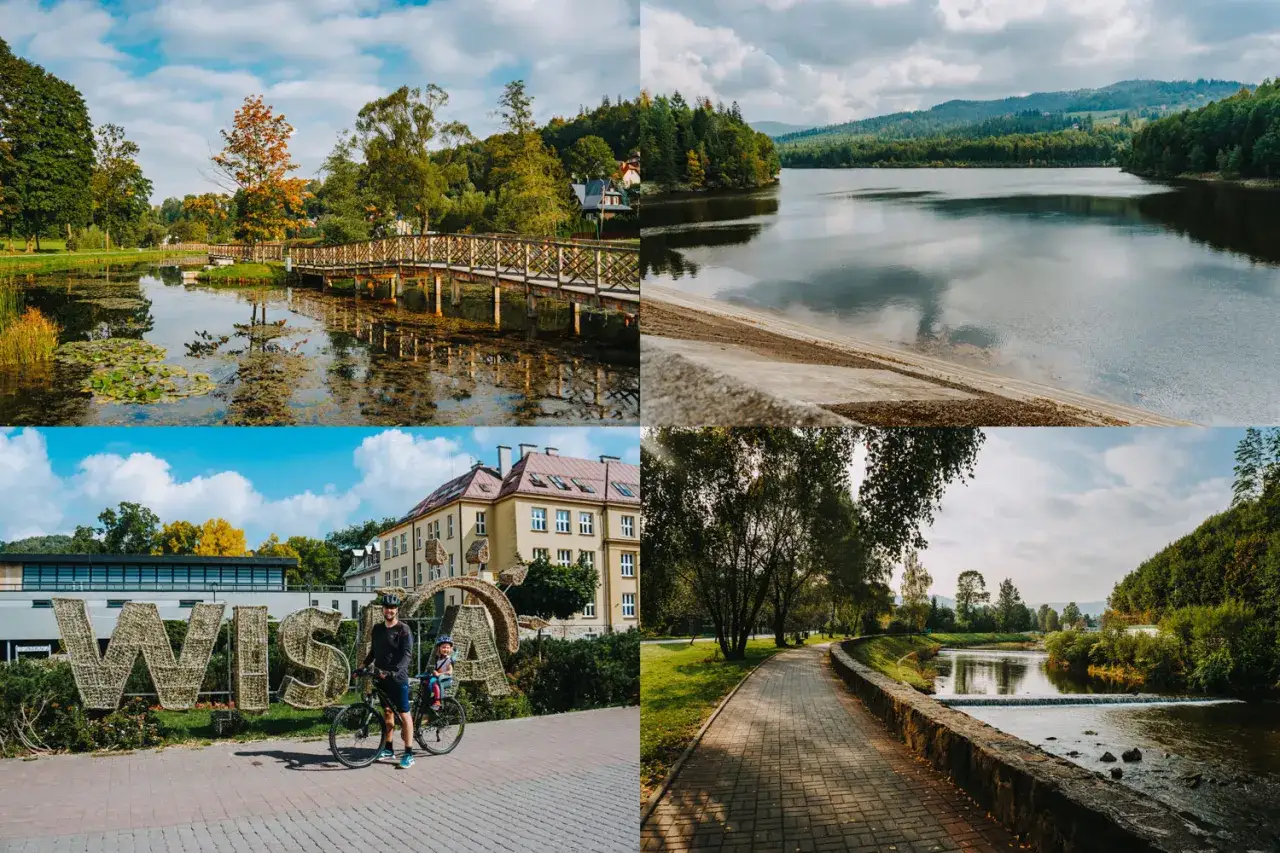 Urokliwe Wisła atrakcje turystyczne: mostek nad stawem, jezioro, napis WISŁA z rowerzystami i malownicza ścieżka nad rzeką.
