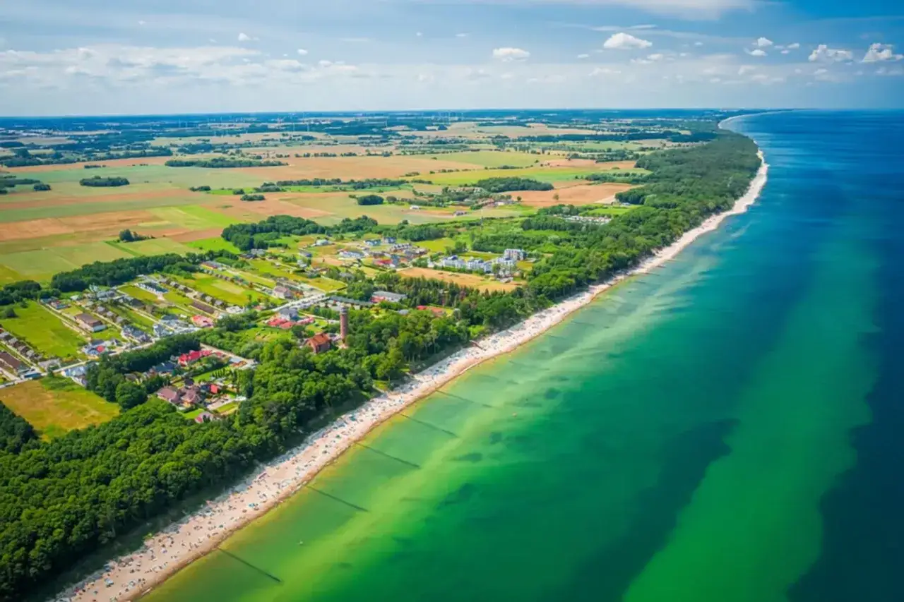 Malownicze, mało znane miejsca na Pomorzu: piaszczysta plaża, zielone lasy i zabudowania nad turkusowym morzem.