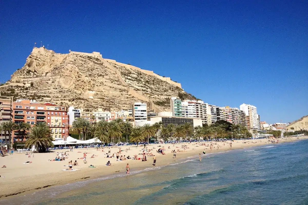 Alicante co zobaczyć: plaża z ludźmi, palmy i zamek na wzgórzu. Idealne miejsce na wakacje.